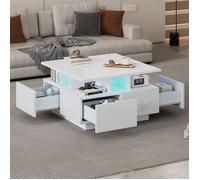 Table basse salon carrée 70x70x40 cm avec LED, Table de salon haute brillance avec 4 tiroirs et verre trempé, Blanc