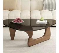Table Basse Salon Design en Verre Trempé et Bois,Table de Salon Moderne avec Forme Goutte D'eau Unique et Base Courbée,Meuble de Salon Minimaliste Style Japandi F,S