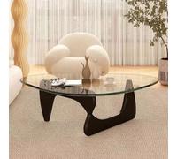 Table Basse Salon Design en Verre Trempé et Bois,Table de Salon Moderne avec Forme Goutte D'eau Unique et Base Courbée,Meuble de Salon Minimaliste Style Japandi A,M