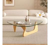 Table Basse Salon Design en Verre Trempé et Bois,Table de Salon Moderne avec Forme Goutte D'eau Unique et Base Courbée,Meuble de Salon Minimaliste Style Japandi D,M