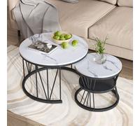 Table Basse Salon Gigogne, Placage en Marbre, Structure en Métal, Noir et Blanc