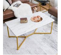 Table Basse Salon Imprimée Marbre COSTWAY 107 x 60 x 45,5 CM, Pieds en Métal Doré avec Patins Ajustables, Table Basse Rectangulaire