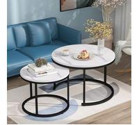 Table basse salon,Lot de 2 Pliable rond Placage de marbre Blanc 71x50+46x44 cm