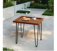 Table basse salon, plateau bois massif acajou, piètement métal, meuble multifonction intérieur extérieur