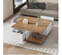 table basse salon rangement 3 tiroirs carrée 70x70 cm blanc et bois en panneaux haute brillance EVRYAE