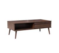 sweeek - Table Basse scandinave avec Portes coulissantes décor Bois Noyer rainuré et niches de Rangement