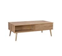 sweeek - Table Basse scandinave avec Portes coulissantes décor Bois rainuré et niches de Rangement
