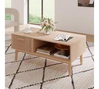 Table basse scandinave avec rangement, table de salon effet chêne naturel 100 x 50 x 43 cm, meuble avec porte coulissante à lattes, niche ouverte et pieds en bois massif, style Japandi pour salon