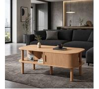 Table basse scandinave bois naturel 110 x 55 x 45 cm, porte coulissante rainurée, rangement ouvert, MDF, 60 kg