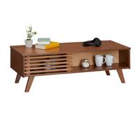 Table basse SEAN table de salon rectangulaire design vintage, 4 niches et des portes coulissantes ajourées, en pin lasuré brun