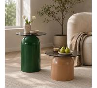 Table basse set 2 pièces forme cloche verre trempé socle acier carbone noyer pile vert/marron salon chambre