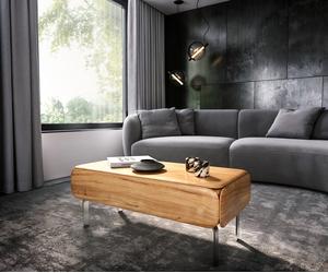 Table-basse Shavani 100x50 cm Acacia naturel 1 tiroir Pied en L Acier inoxydable argenté