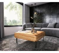 Table-basse Shavani 90 x 90 cm, acacia naturel, 2 portes, pieds en L, métal noir
