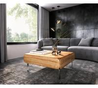 Table-basse Shavani 90x90 cm Acacia naturel 2 portes Pied en L Acier inoxydable argenté