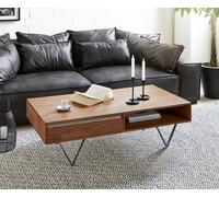 Table-basse Stonegrace 115x60 cm Acacia marron ardoise 2 tiroirs 1 compartiment Pied en V noir