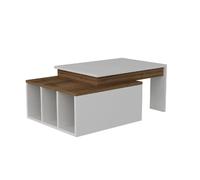Table basse sur 2 niveaux avec 3 niches de rangement - Blanc et Marron