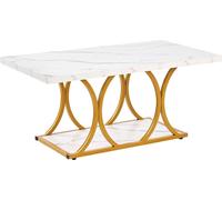 Table basse, table basse moderne en faux marbre, bureau central rectangulaire à deux niveaux avec pieds géométriques, bureau d'appoint minimaliste et robuste avec structure métallique pour le salon ou