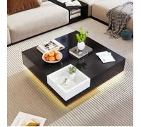 Table basse,table de salon haute brillance,table d'appoint avec boîte de rangement amovible, Blanc+ Noir, 72*72*30 cm,lumineux LED.