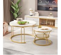 Table Basse - TANANT - Lot 2 modulaires - Façon marbre - Cadre métal doré - Emboîtables