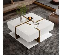 Table Basse - TANANT - Moderne - Carrée - 4 Tiroirs - Blanc+Brun