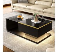 Table Basse - TANANT - Moderne - Noir Haute Brillance - Éclairage LED - Verre Trempé