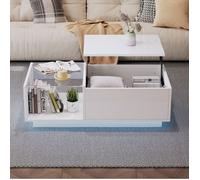 Table Basse - TANANT - Plateau Relevable - LED - Rangement Ouvert - 100x50 cm - Blanc