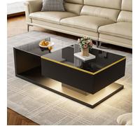 Table Basse - TANANT - Rectangulaire - Noir Brillant - Verre Trempé - Éclairage LED 16 Couleurs