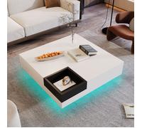 Table Basse - TANANT - Table Basse Carrée avec LED - Blanc et Noir - 72x72x30 cm - Rangement Amovible