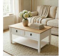 Table basse TEQUILA table de salon rectangulaire style mexicain, avec 2 tiroirs et 1 étagère inférieure, en pin massif blanc et brun