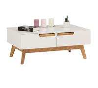 Idimex Table basse TIBOR – scandinave 2 tiroirs 2 niches pin massif lasuré blanc 90x36x60 cm