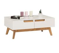 Table basse TIBOR style scandinave design vintage nordique table de salon rectangulaire 2 tiroirs 2 niches pin massif lasuré blanc Blanc G