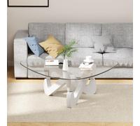 Table basse triangulaire en verre moderne avec base triangulaire en bois massif et verre trempé épais, table d'appoint, table basse originale pour salon, bureau, 82 x 57 x 35 cm (blanc)