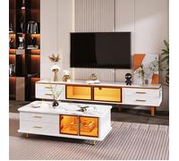 Table basse TV modulaire - Meuble TV + Table Basse - Verre trempé, tiroirs ondulés - Effet marbre blanc - Bande LED