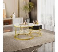 Table basse - WESTYLE - Set 2 emboîtables - Effet marbre - 1 tiroir - Piètement métal réglable