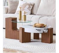 Table basse - WESTYLE - Set 2 pièces - Rond - Plateau verre sécurité - MDF aspect noyer