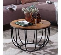 WOHNLING Table Basse Ronde 60x60x39 cm Bois Massif Sheesham Table Panier | table de salon industriel avec structure en métal, bout de canapé massif, pièce unique faite main, table de séjour marron