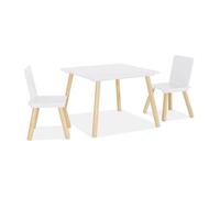 Table carrée enfant avec 2 chaises. pieds en pin. blanc