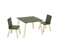 Table carrée enfant avec 2 chaises. pieds en pin. vert olive