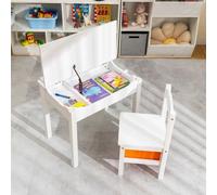 Table + chaise pour enfants en bois massif avec plateau pliant, tiroir et crochets blanc