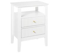 Table Chevet Chambre avec 2 Tiroirs et Etagère en MDF Blanc et Poignée Dorée