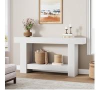 Table Console 160 cm,Table d’Entrée Longue 2 Niveaux avec Rangement, Style Fermier, en Bois Naturel-blanc