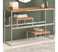 Table console argenté acier inoxydable et bois massif d acacia