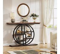 Table console avec base circulaire industrielle en bois et en métal, style rétro, idéale pour un hall d'entrée