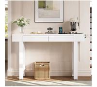 Table Console Blanche En MDF, Console Scandinave FloraGrace, Pour Entree, USB Type-C Et 2 Tiroirs, 120x35,5x76,5cm