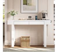 Table Console d'entrée blanche 120cm étroite avec tiroirs, multiprises, grille décorative et pieds réglables pour couloir salon