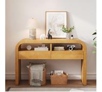 Table console d'entrée MDF naturel avec 2 tiroirs, 2 niches ouvertes et pieds réglables