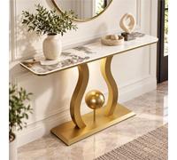 Table Console Effet Marbre, Meuble D'entrée Étroit, Console De Hall Moderne | Plateau Veiné Arrondi, Base Noire Sculpturale Et Sphère Dorée Pour Salon, Entrée Ou Hall Moderne(Gold,47.2"/120cm)