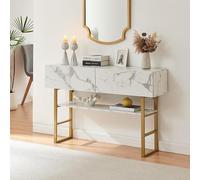 Table console étroite Varberg, table d'appoint avec 2 tiroirs, forme rectangulaire, table d'appoint avec plateau réglable, structure métallique, 75 x 120 x 30 cm, aspect marbre, blanc
