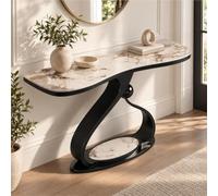 Table Console Imitation Marbre, Console De Hall, Meuble D'entrée Étroit | Plateau Arrondi Veiné, Base Noire Courbée, Sphère Centrale Silhouette Fine Pour Salon Ou Vestibule(Black b,47.2"/120cm)