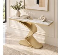 Table Console Moderne, Console Salon Étroite, Table D'entrée Effet Pierre | Dessus Arrondi Aspect Pierre, Pied Torsadé Noir Et Base Ovale Pour Salon, Hall Ou Vestibule Moderne(Gold2,39.3"/100cm)
